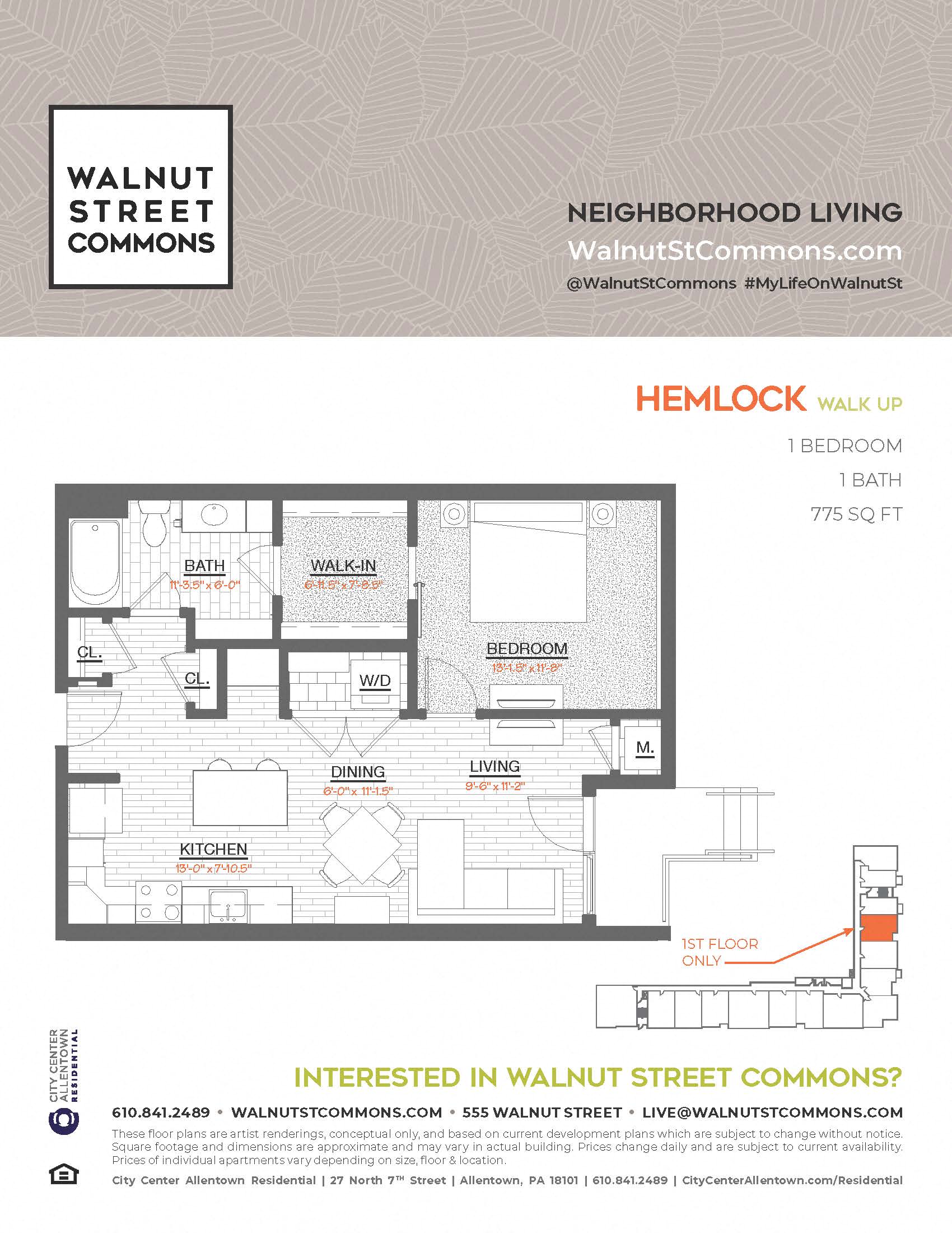 Floor plan for 1 bed, 1 bath, 775 sqft